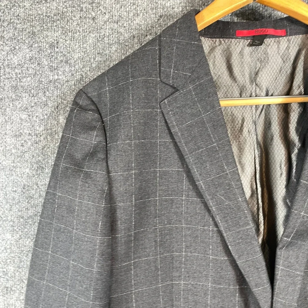 Hugo Boss Blazer Mens 46L Grey Windowpane Wool Sport Coat Suit Jacket Business
